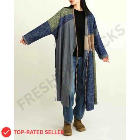 Denim Cardigan Jacket Long Sleeve Tie Waist Patchwork Design Casual Chic - Picture 3 of 7